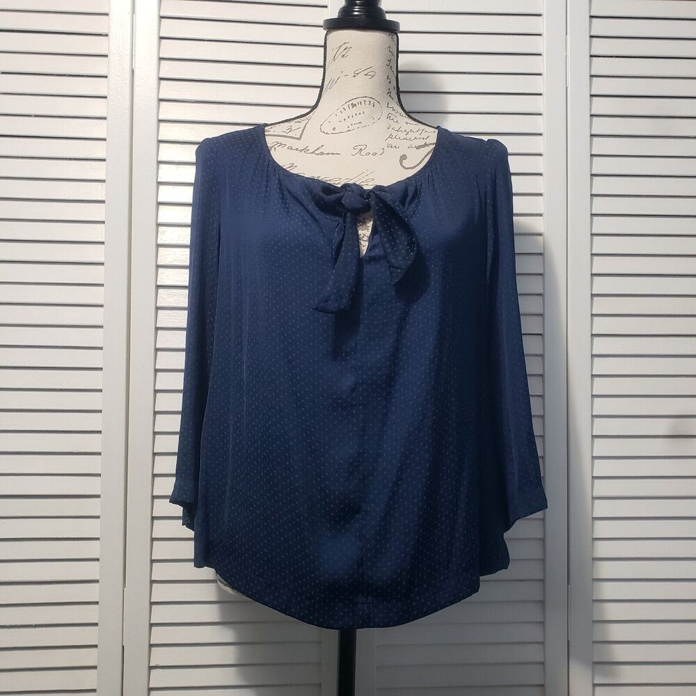 Cabi Micro-Dot Blouse Women's Size Small Blue Front Tie Neckline Long Sleeve Top